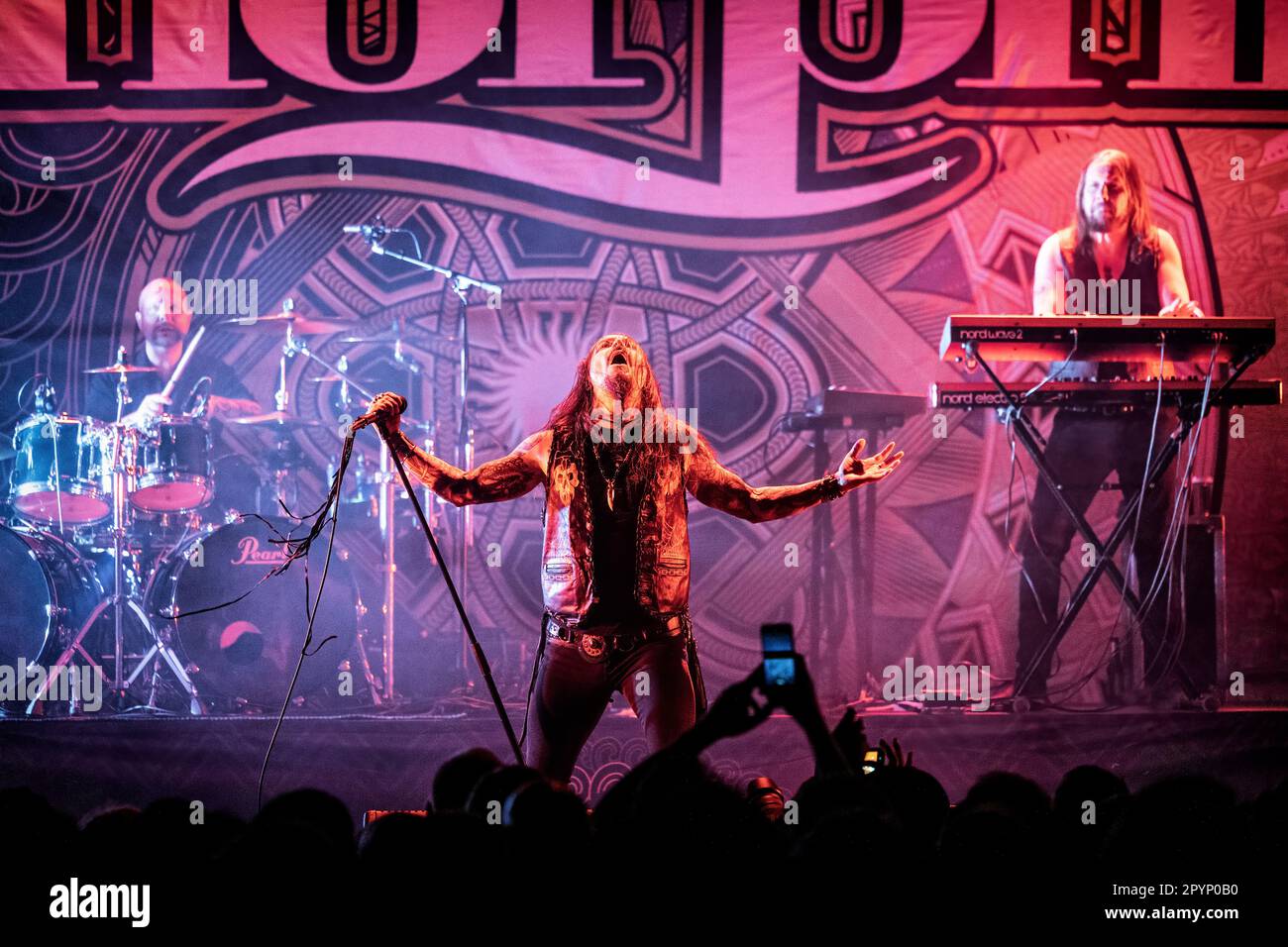 Oslo, Norway. 07th, April 2023. The Finnish heavy metal band Amorphis performs a live concert at Rockefeller during the Norwegian metal festival Inferno Metal Festival 2023 in Oslo. Here vocalist Tomi Joutsen is seen live on stage. (Photo credit: Gonzales Photo - Terje Dokken). Stock Photo