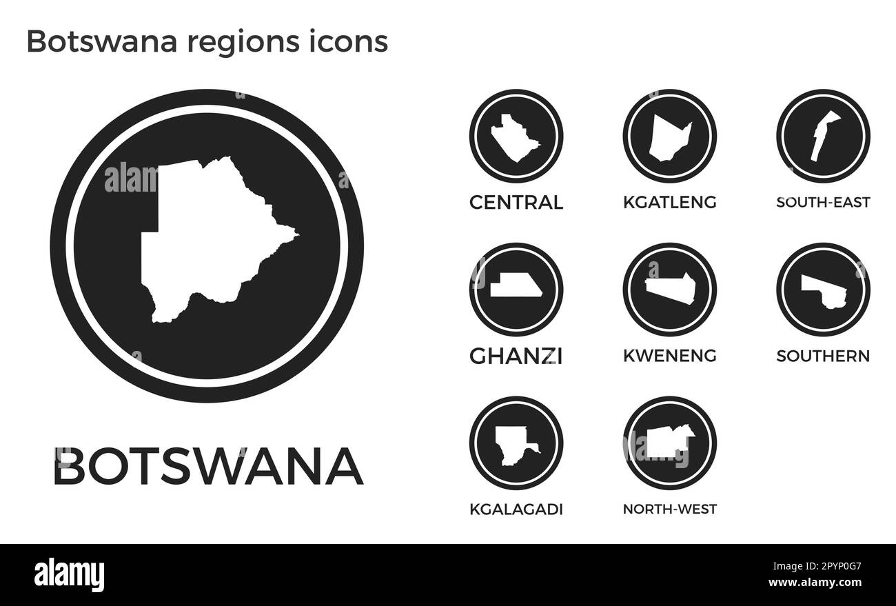 Botswana regions icons. Black round logos with country regions maps and titles. Vector illustration. Stock Vector