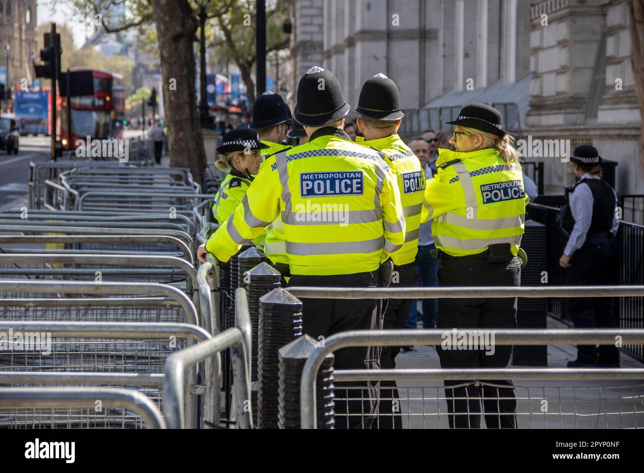 London, UK, 04/05/2023, As King Charles' Coronation Day approaches, Central London sees a heightened police presence. The Metropolitan Police announced on Wednesday their plans to deploy live facial recognition technology throughout the city centre during this weekend's royal event. Credit: Sinai Noor/Alamy Live News Stock Photo
