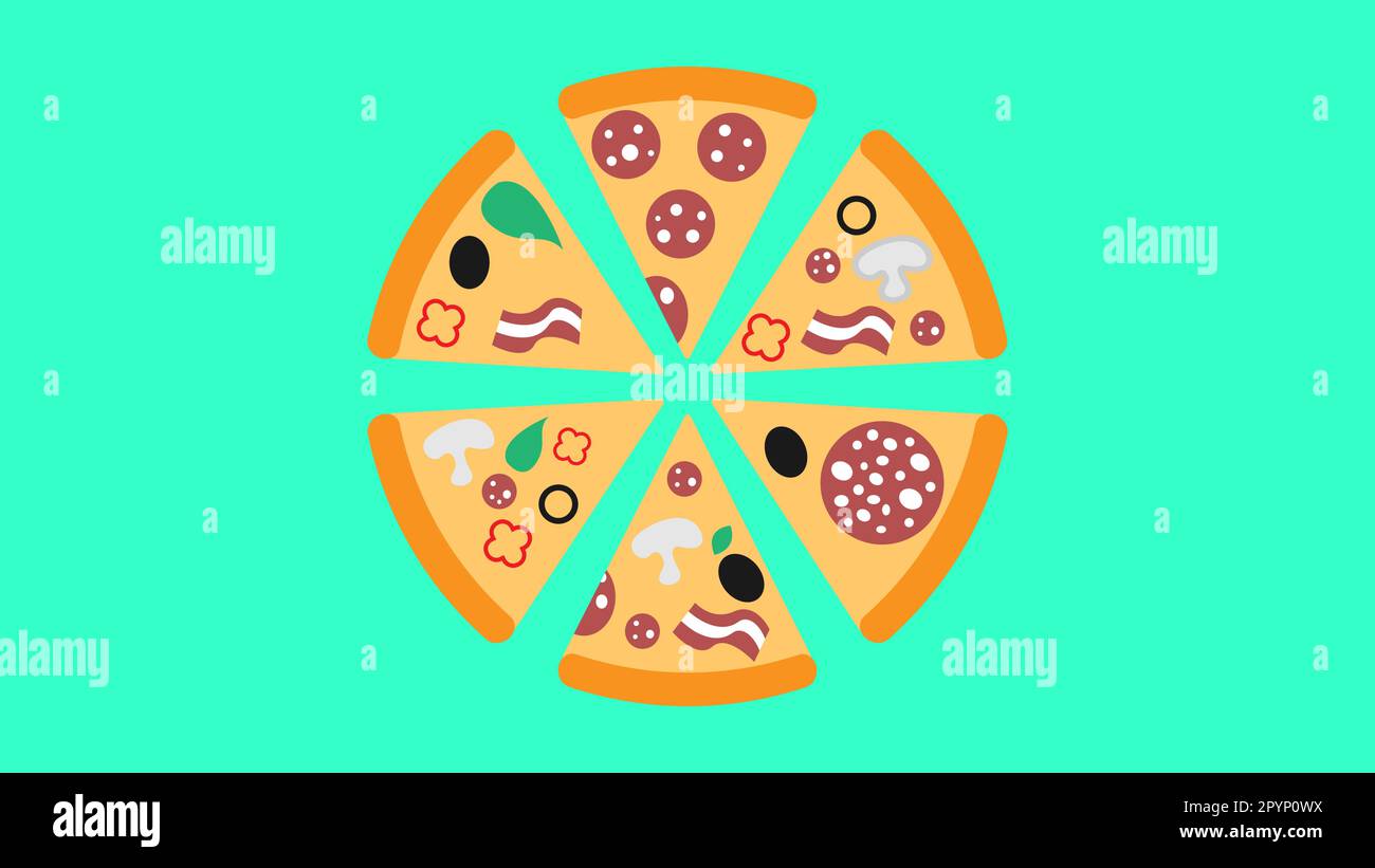 pizza with toppings on a blue background, vector illustration. a lot of pizza slice with different fillings of salami with lard, olives, bacon and veg Stock Vector
