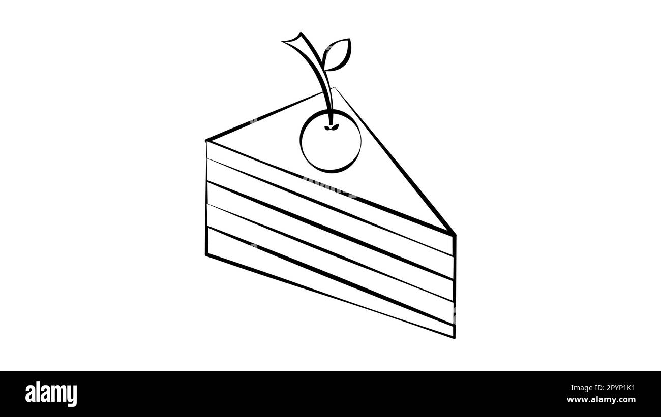 Piece of layered chocolate cake with maraschino cherry. Hand drawn cake