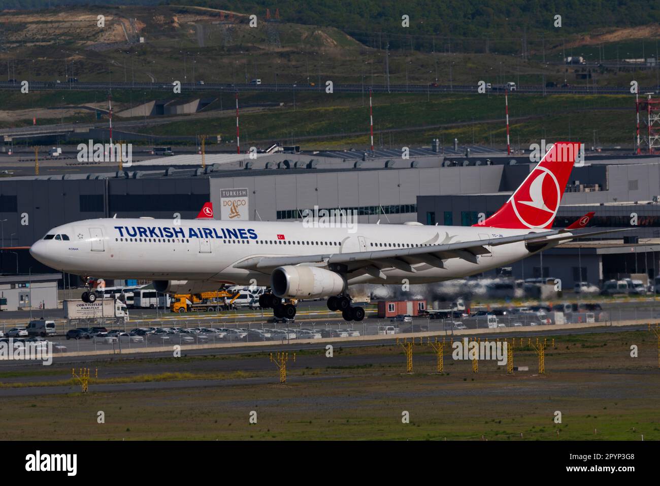 Istanbul, TURKEY - April 29, 2023: Istanbul Airport operated by IGA is the main hub of Turkish Airlines. Several THY aircraft land and take-off every Stock Photo