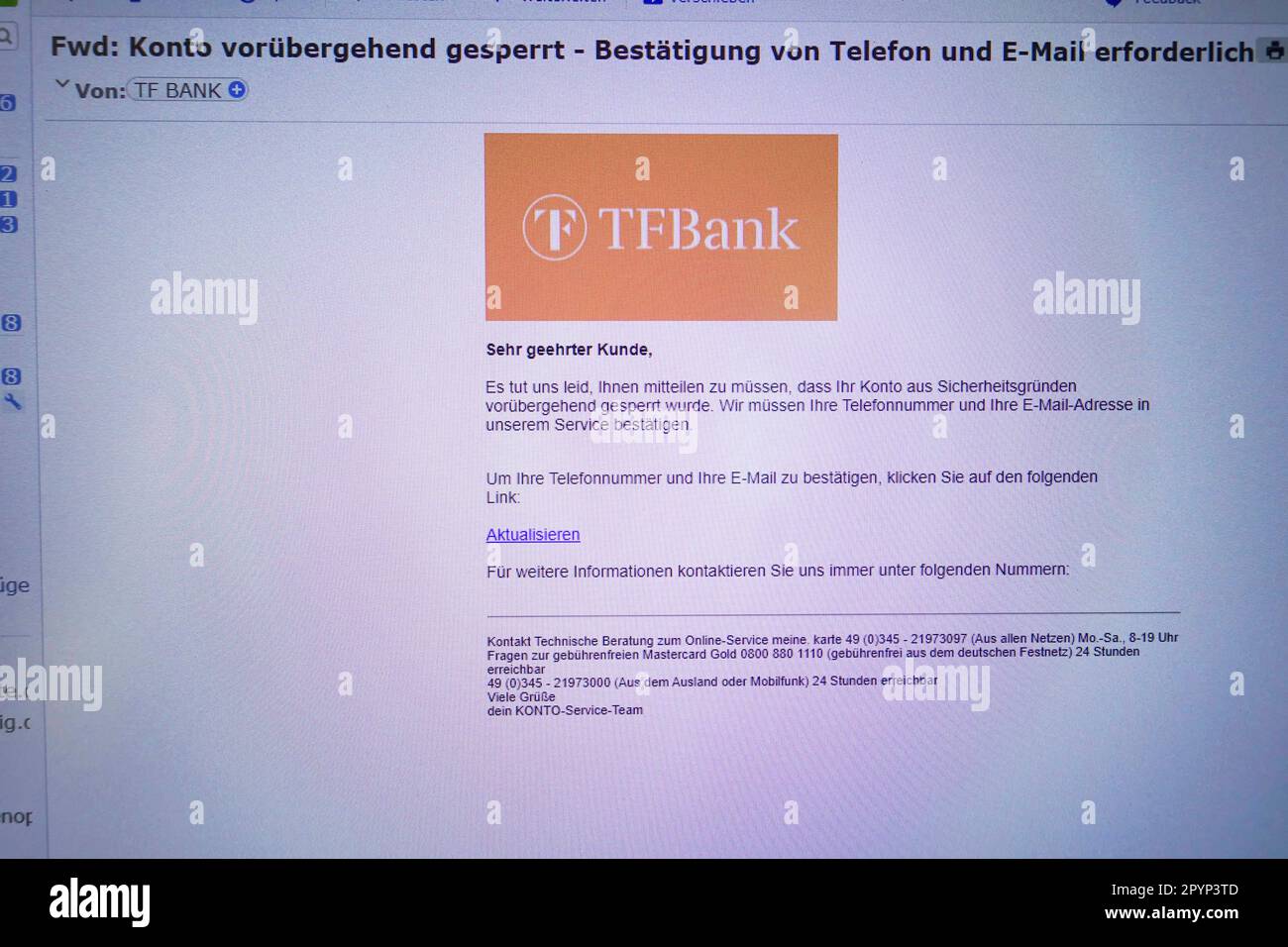 Fake email about blocking the bank account, TFBank, spoofing, Germany Stock Photo