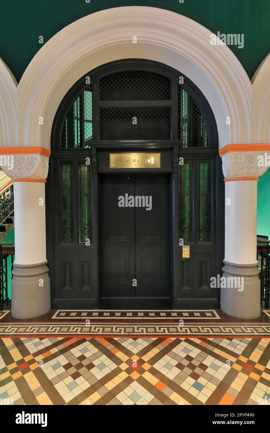631 Lift at the Queen Victoria Building reconstructed to resemble the original cage elevators. Sydney-Australia. Stock Photo