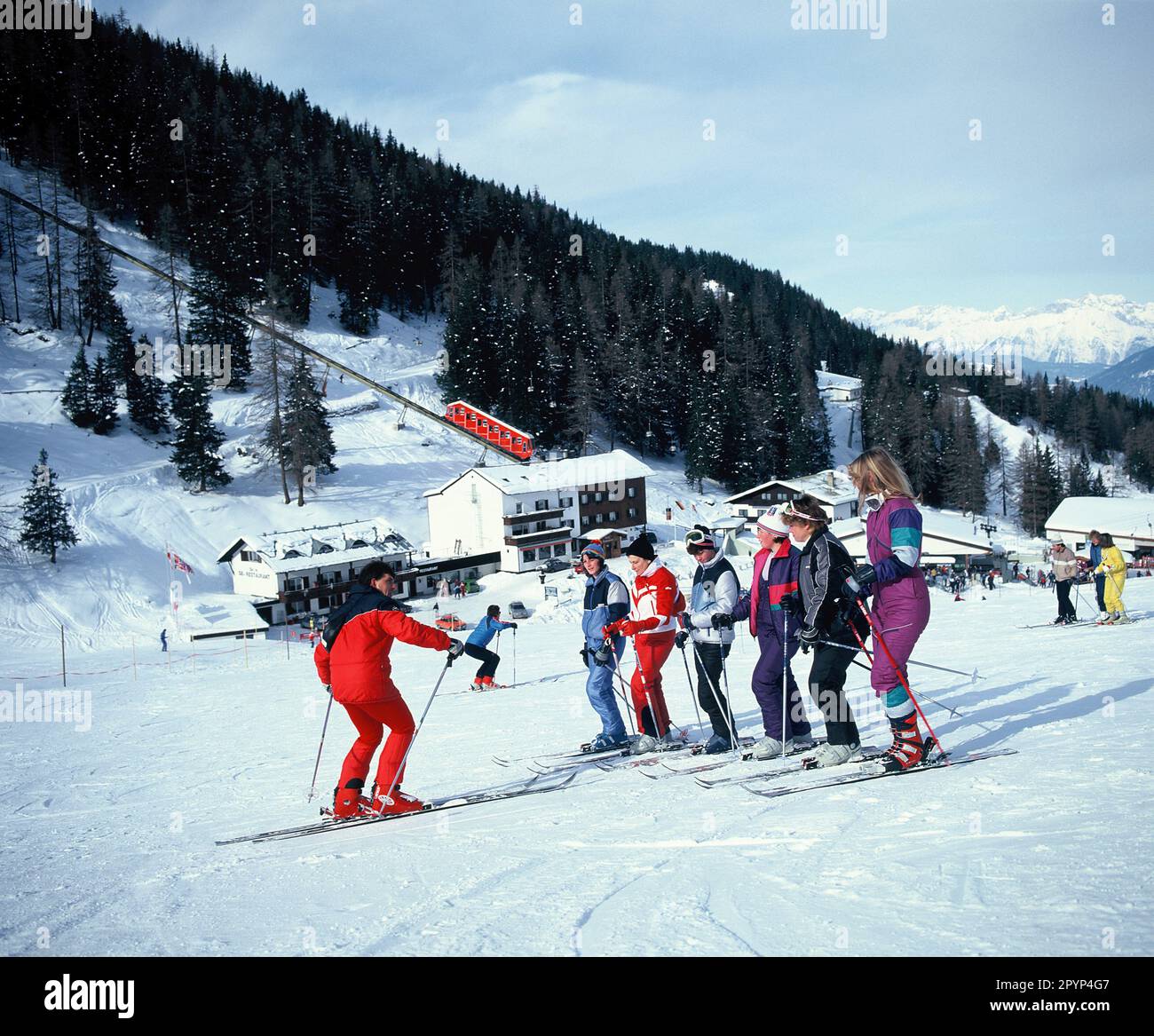 Austria. Tyrol. Ski school on slopes above Lizum. Stock Photo