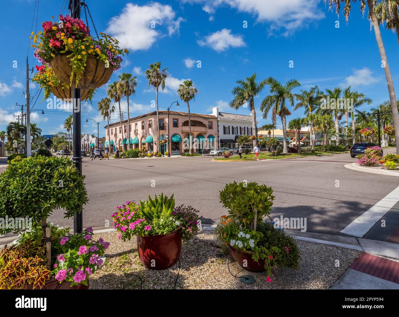 Early morning on West Venice Avenue in the city of Venice on the Gulf of Mexico southwest coast of Florida USA Stock Photo