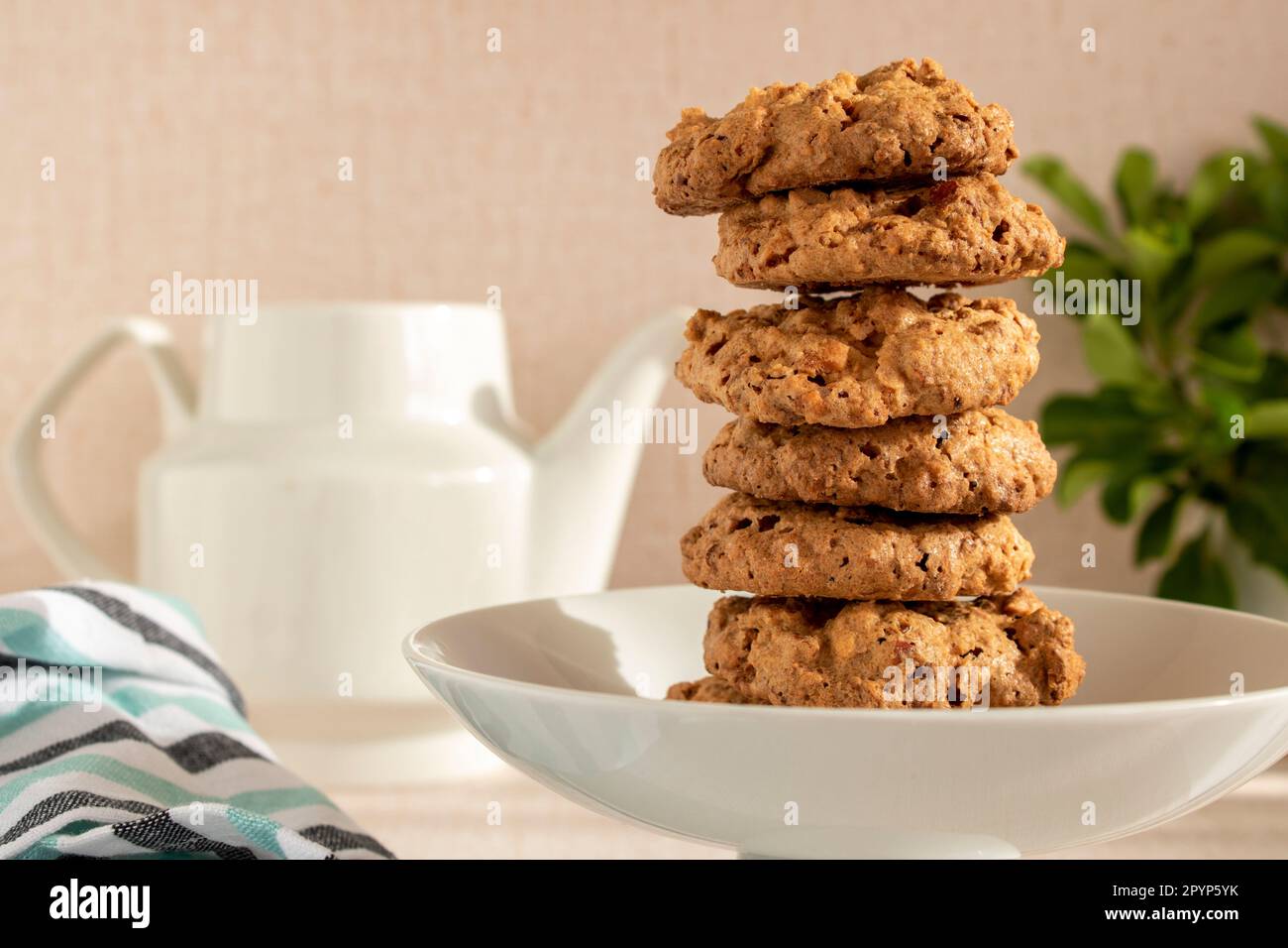 Caprichos de Santiago. Almond and sugar cookies column. Concept of gastronomy Stock Photo