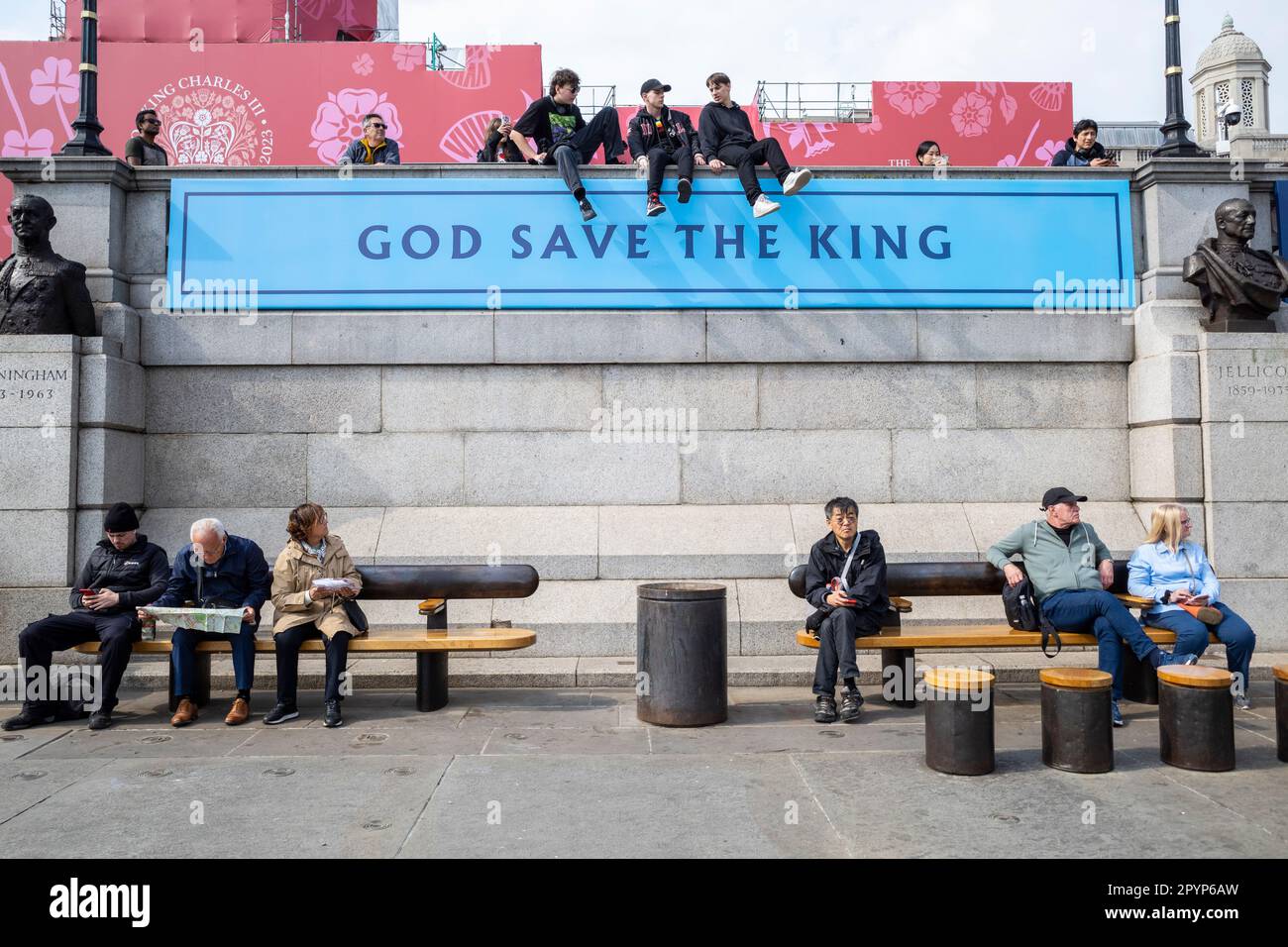 London, UK. 4 May 2023. God Save The King signage in Trafalgar Square