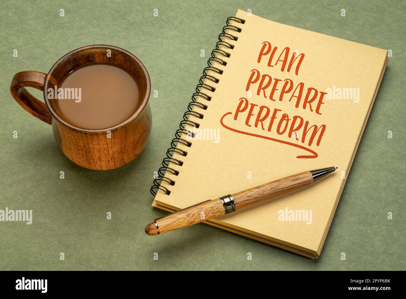 plan, prepare, perform - efficiency and productivity business concept, motivational note in a notebook Stock Photo