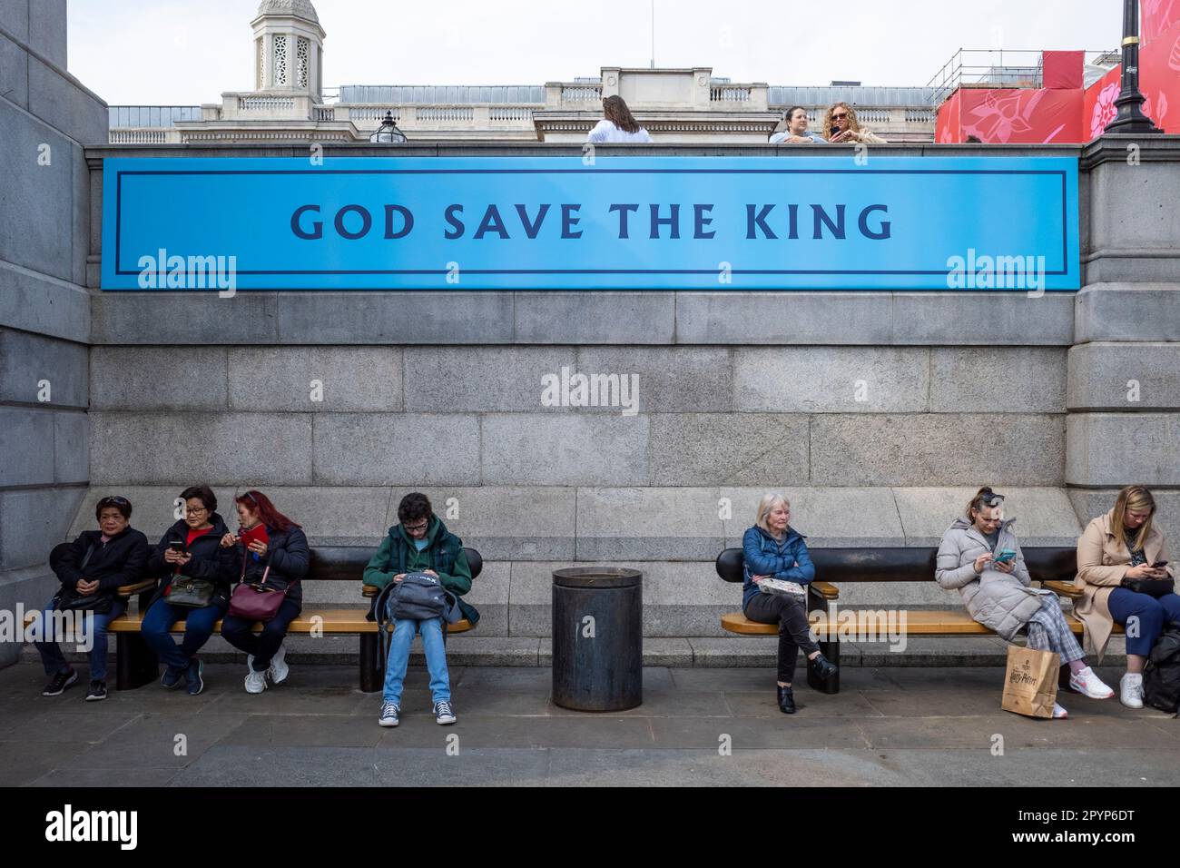 London, UK. 4 May 2023. God Save The King signage in Trafalgar Square