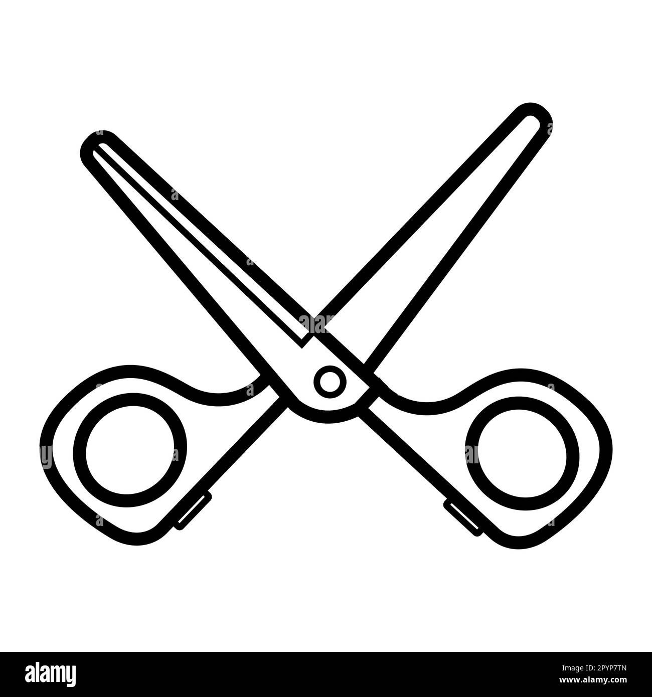 Black and white simple linear icon of trendy glamorous sharp metal hairdressing, nail scissors for cutting nails, doing hair and beauty guidance. Vect Stock Vector