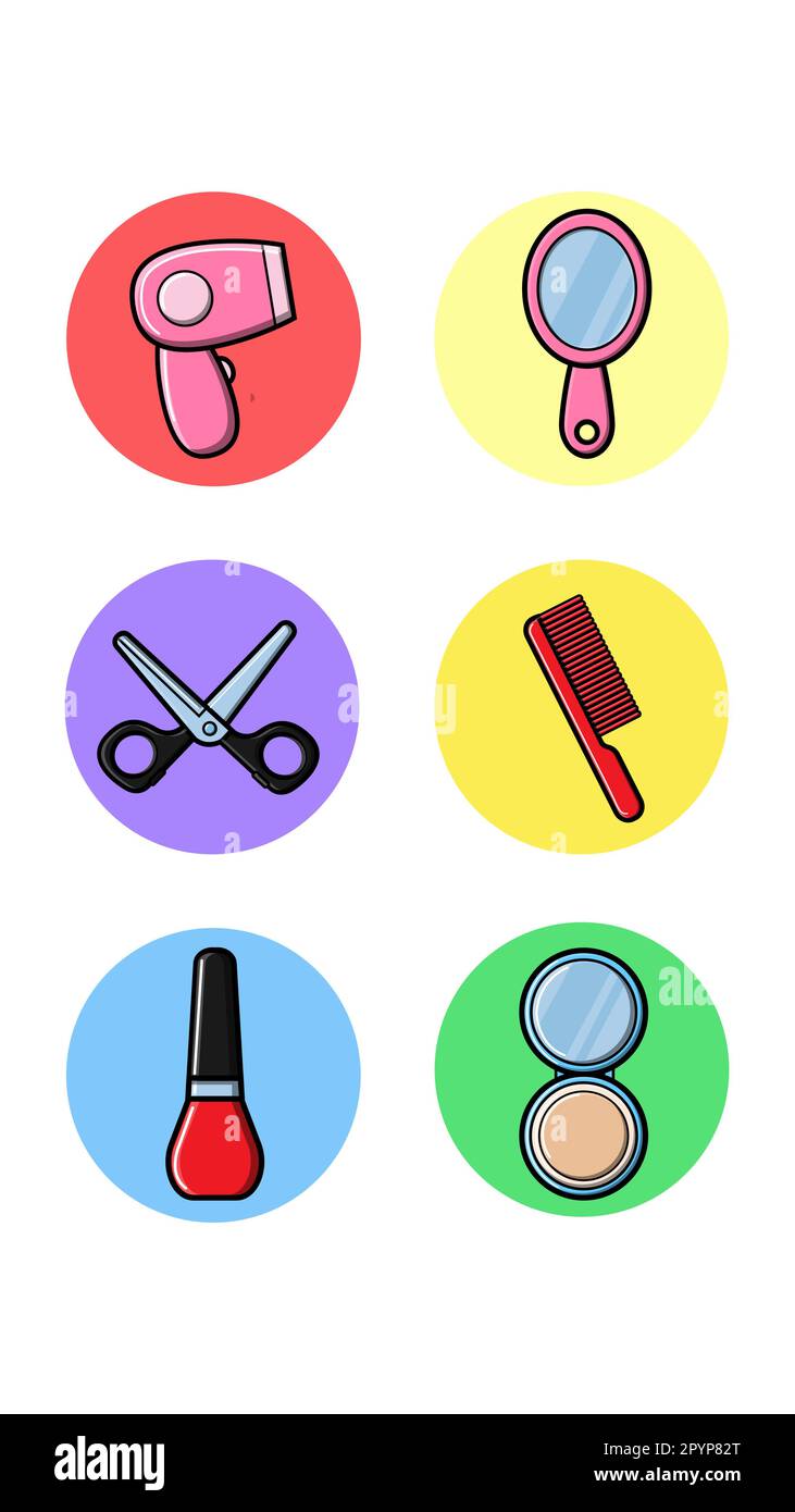 A set of six round icons for contemporary with fashion items from the beauty industry mirror hairdryer comb nightlights nail polish powder box on a wh Stock Vector
