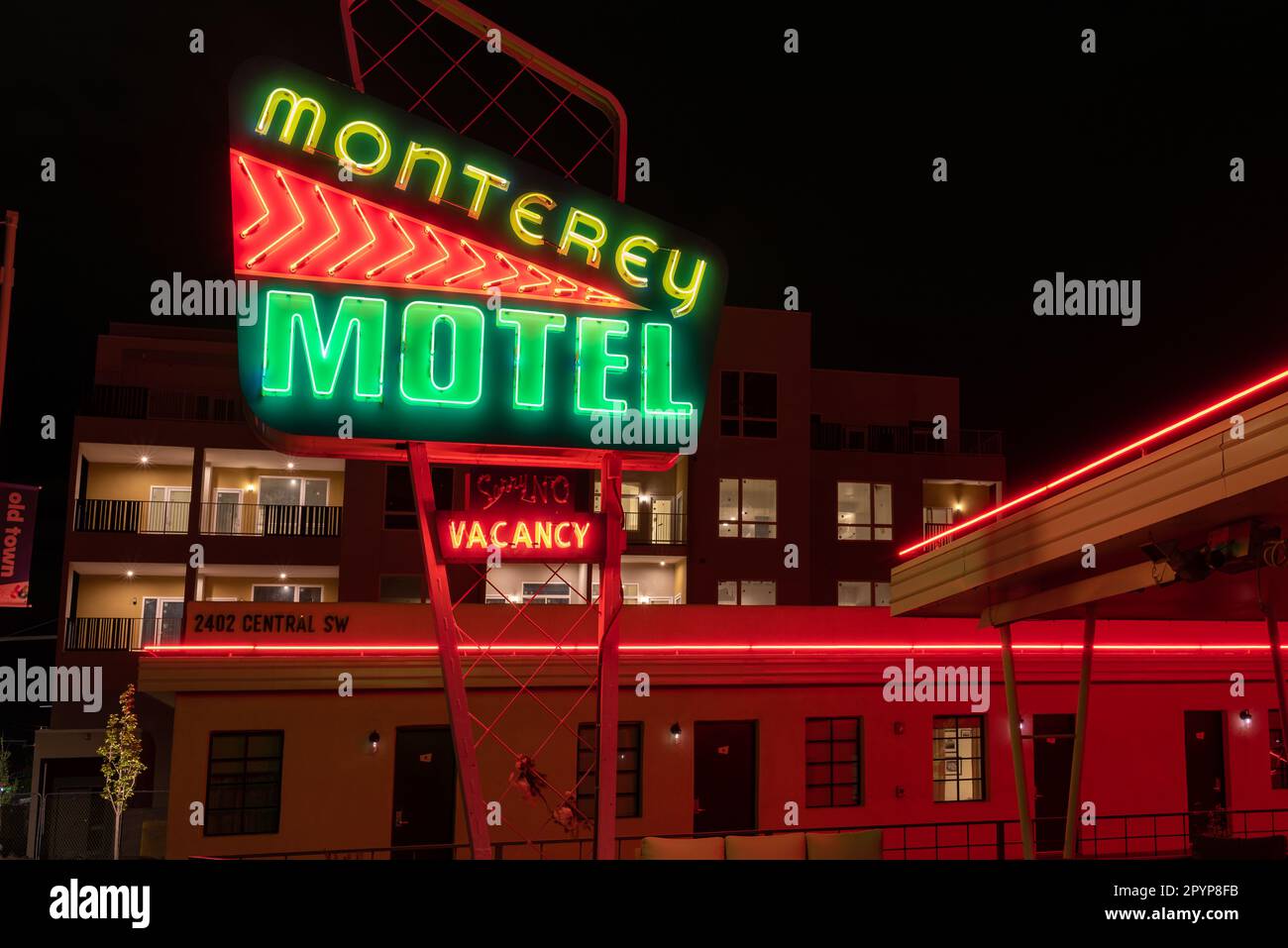 Retro sign, googie architecture, and a one-story section of the Monterey Motel on Route 66 in Old Town in Albuquerque, New Mexico, United States. Stock Photo