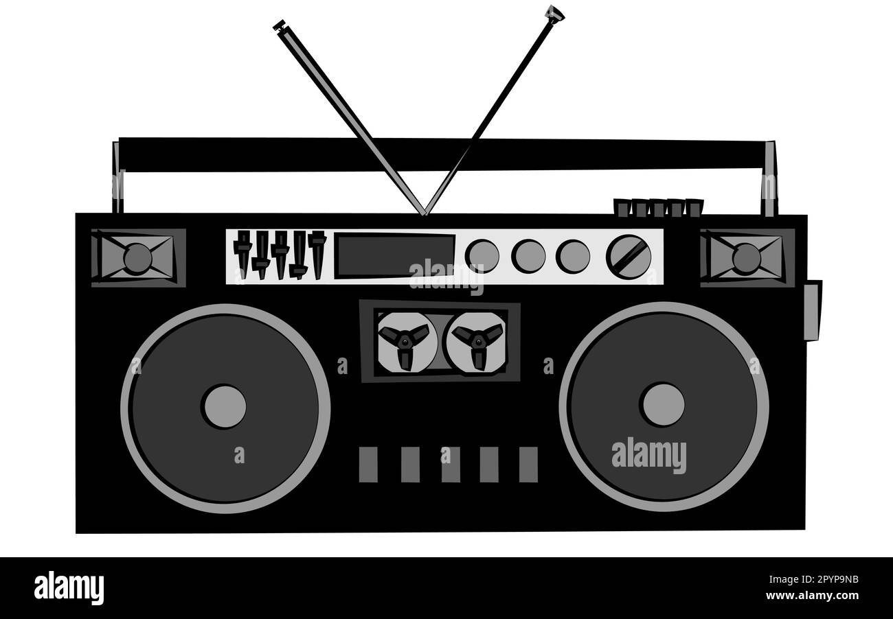 Old black and white retro vintage antique hipster obsolete cassette music audio tape recorder on a white background. Vector illustration. Stock Vector