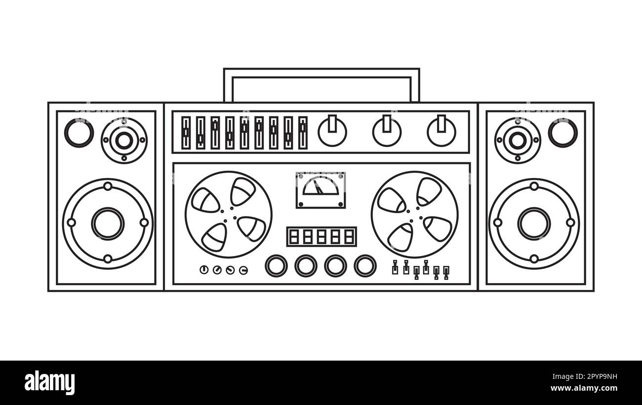 Old retro vintage music cassette tape recorder with magnetic tape on reels and speakers from the 70s, 80s, 90s. Black and white icon. Vector illustrat Stock Vector