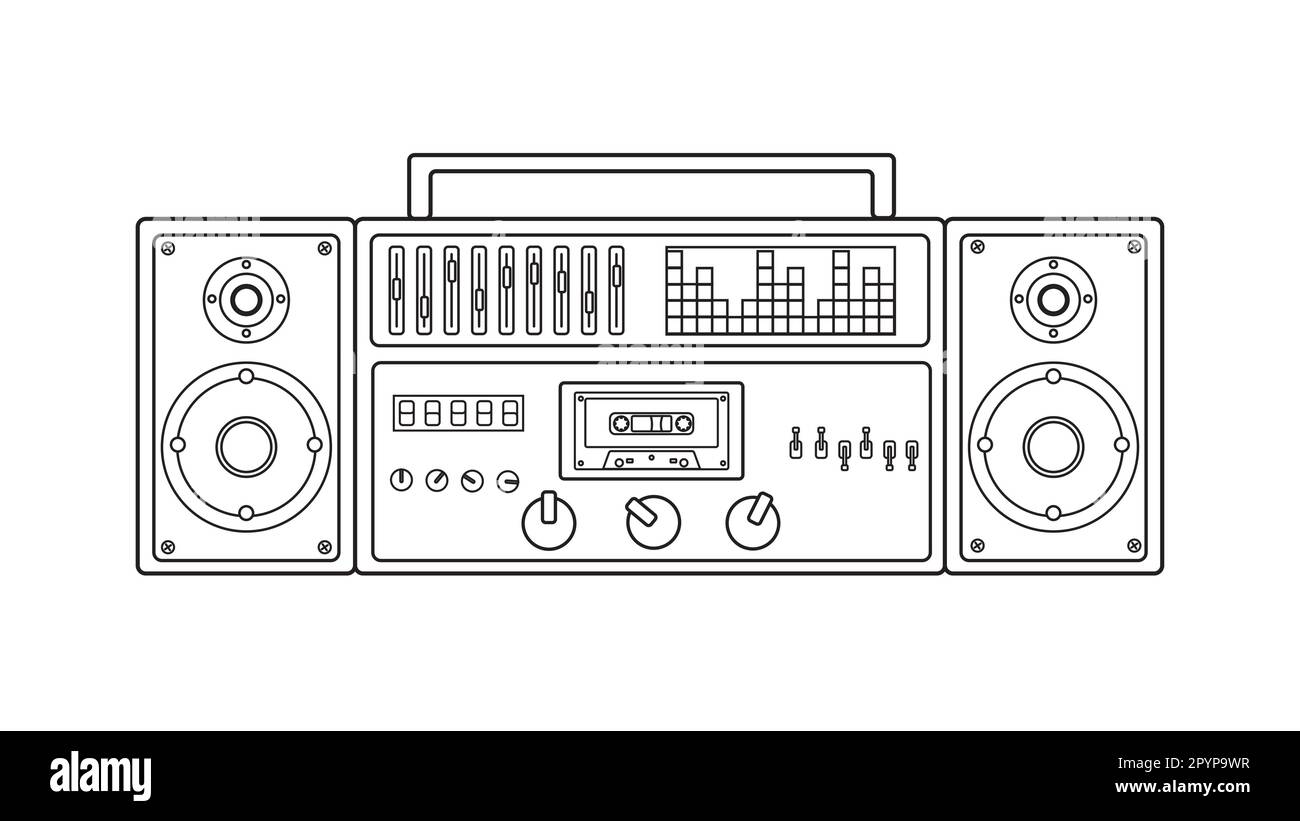 Old retro vintage music cassette tape recorder with magnetic tape on reels and speakers from the 70s, 80s, 90s. Black and white icon. Vector illustrat Stock Vector