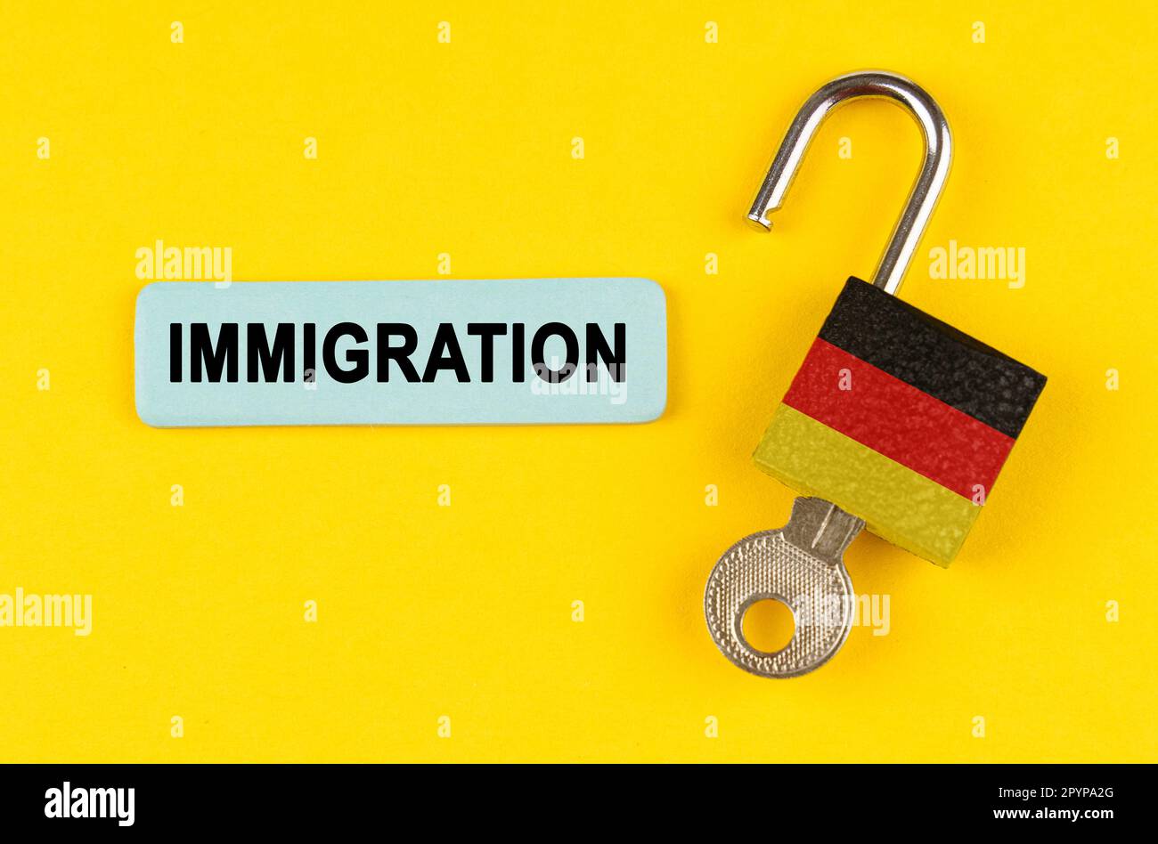 On a yellow surface, an open lock with the image of the flag of Germany ...