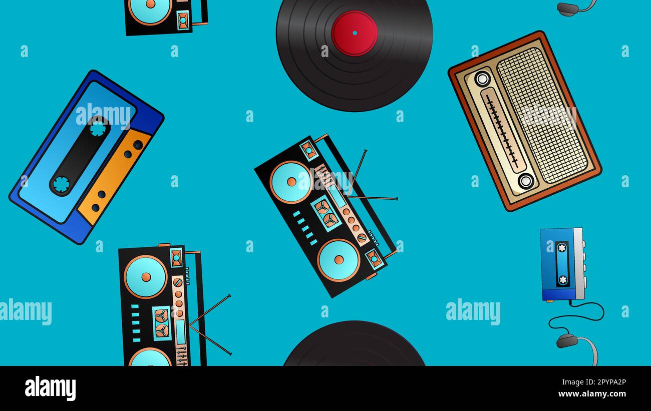 Seamless pattern of retro old hipster music audio cassette players and tape recorders vinyl records and radio from the 70s, 80s, 90s, 2000s on a blue Stock Vector