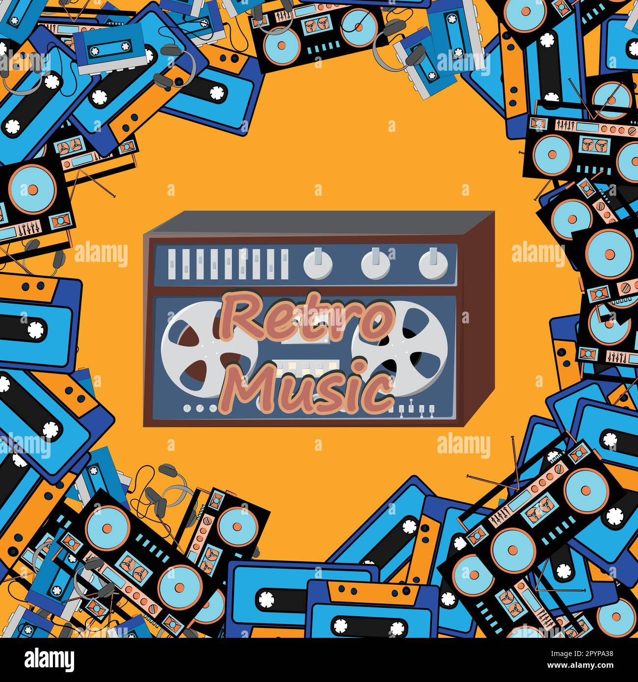 Old retro vintage square poster with music cassette tape recorder with magnetic tape babbin on reels and speakers from the 70s, 80s, 90s the backgroun Stock Vector