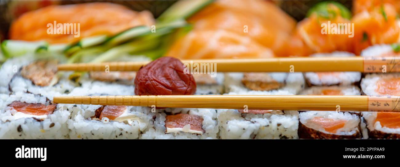 Traditional salmon sushi, typical Japanese food Stock Photo - Alamy