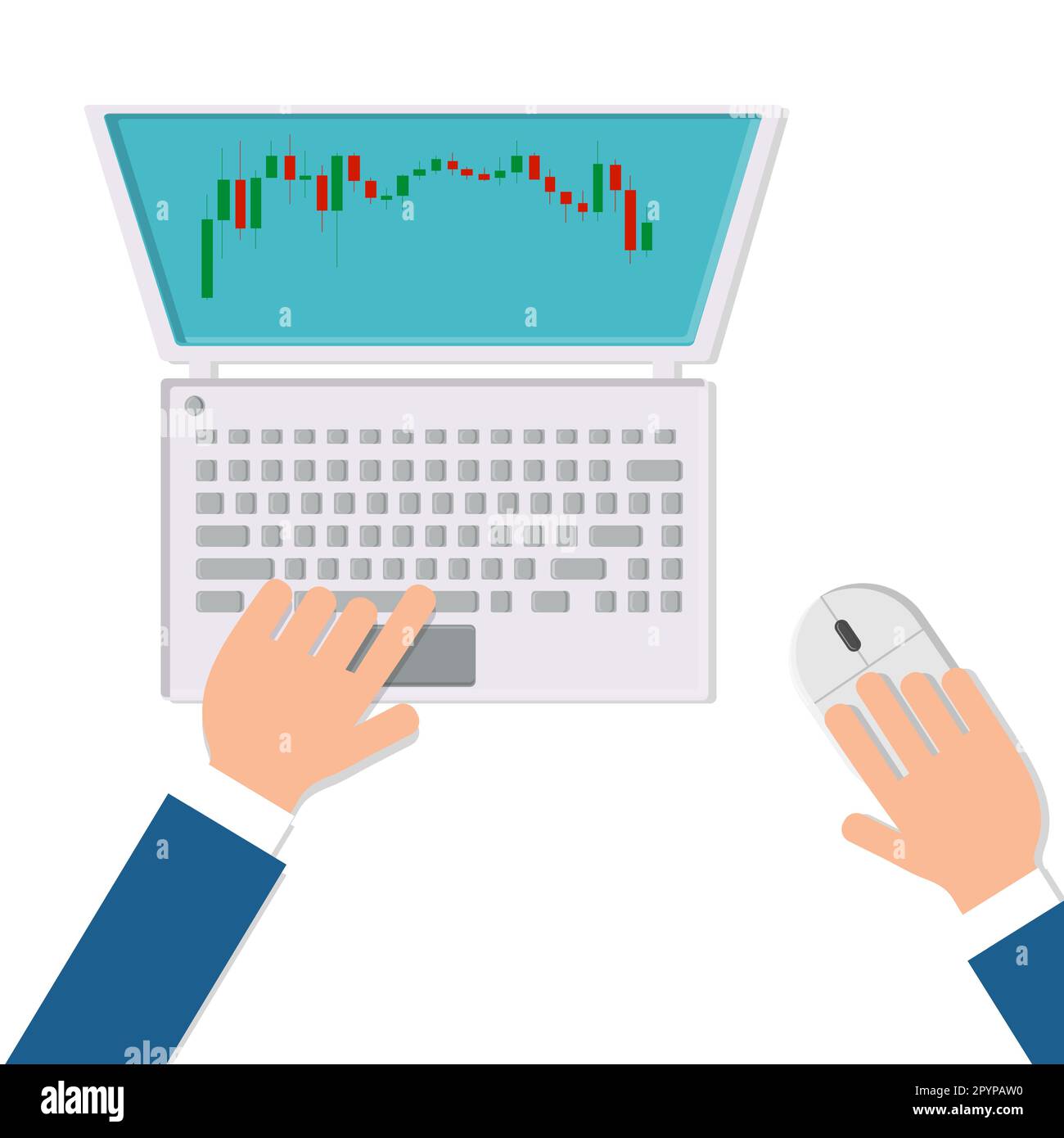 Vector man businessman working on a stock exchange with financial charts with Japanese candles on the workplace desk with a mouse and modern digital c Stock Vector