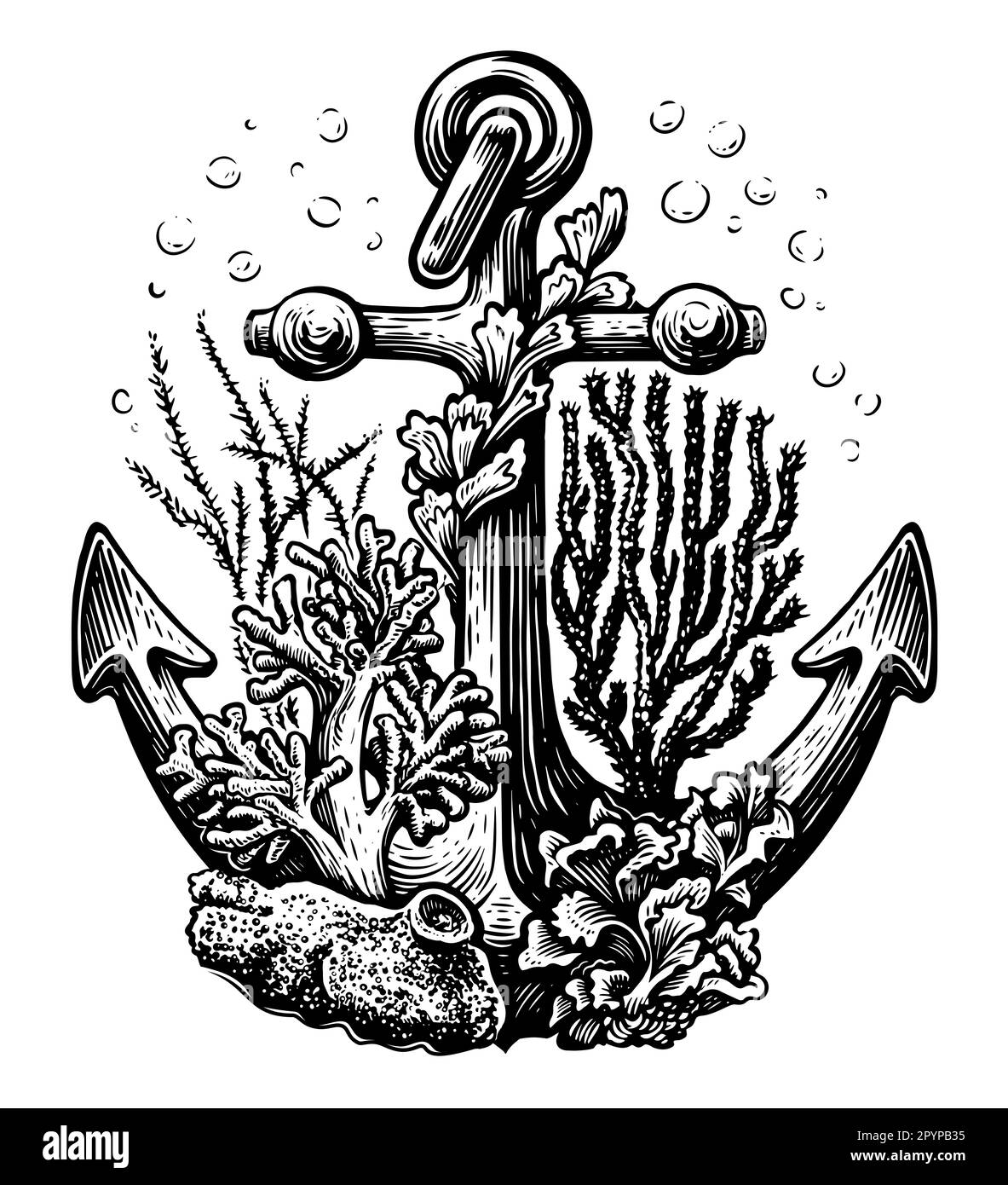 Old anchor at bottom of sea. Vintage sketch illustration. Marine concept Stock Photo