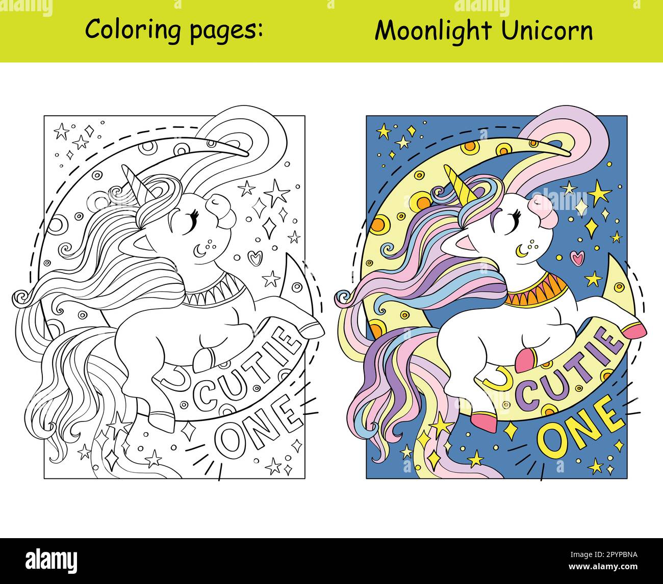 Cute beautiful unicorn on the moon with lettering cutie one. Cartoon ...
