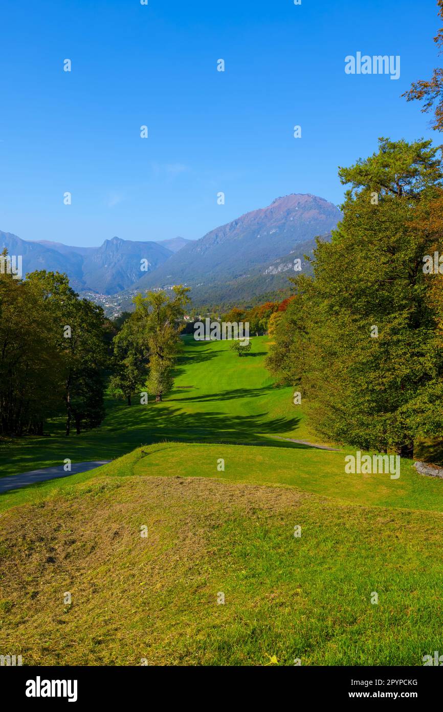Golf Course Menaggio with Mountain View in Autumn in Lombardy, Italy