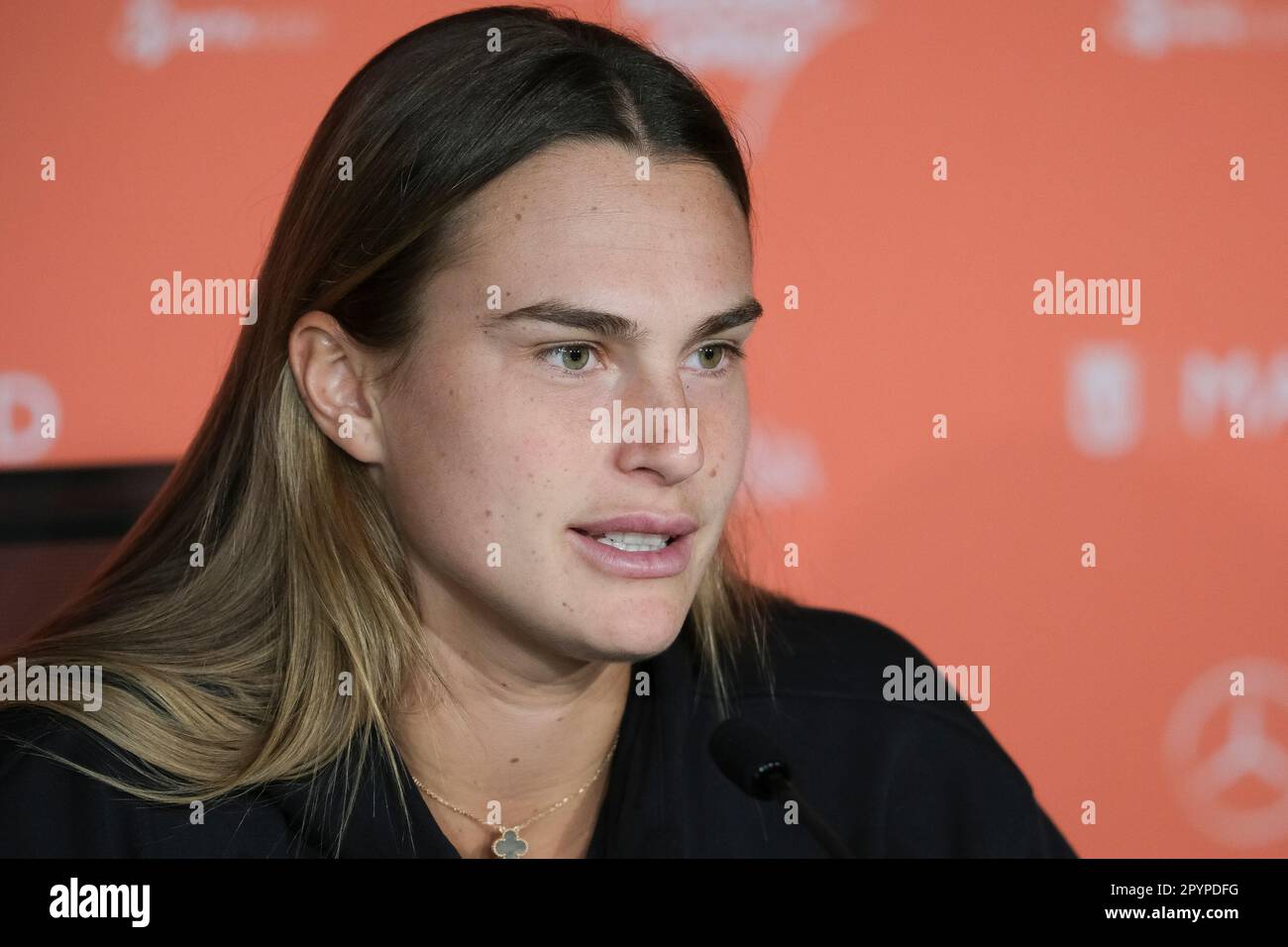 Madrid, Spain. 04th May, 2023. Aryna Sabalenka attends a press conference at the Mutua Madrid Open at La Caja Magica in Madrid. Credit: SOPA Images Limited/Alamy Live News Stock Photo