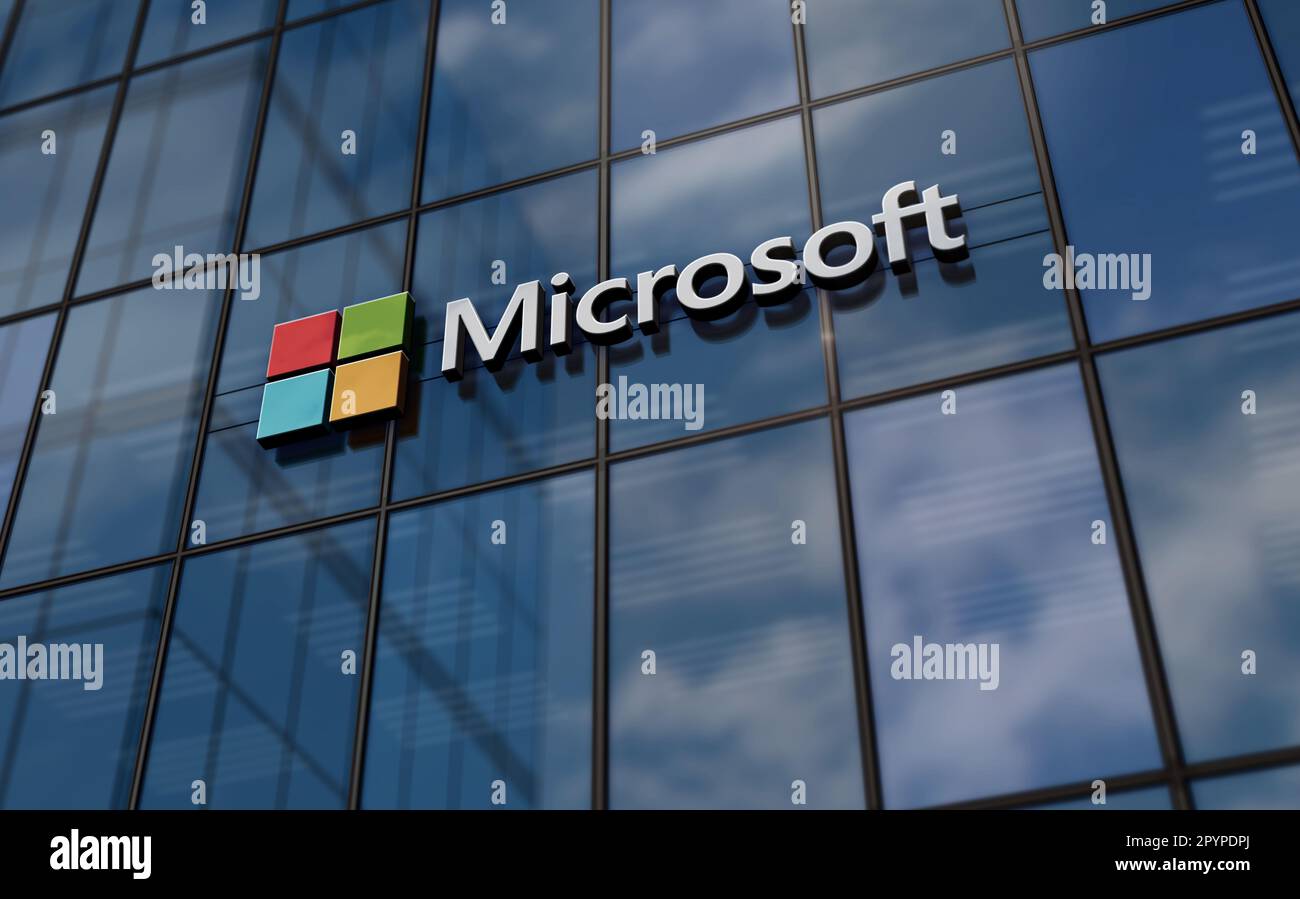 Redmond, USA, April 30, 2023: Microsoft corporation headquarters glass building concept. Software products and operating systems producer company symb Stock Photo