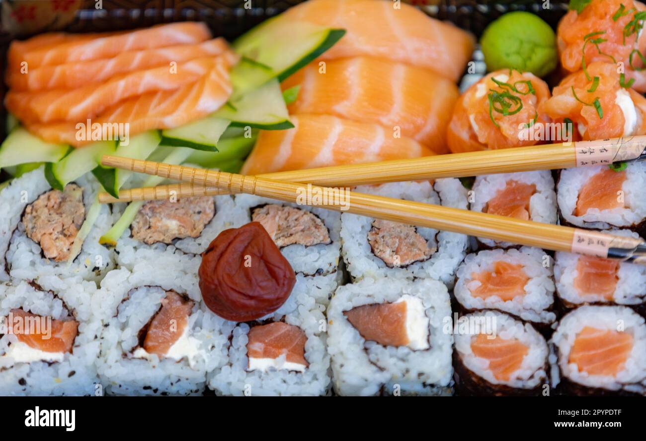 Traditional salmon sushi, typical Japanese food Stock Photo - Alamy