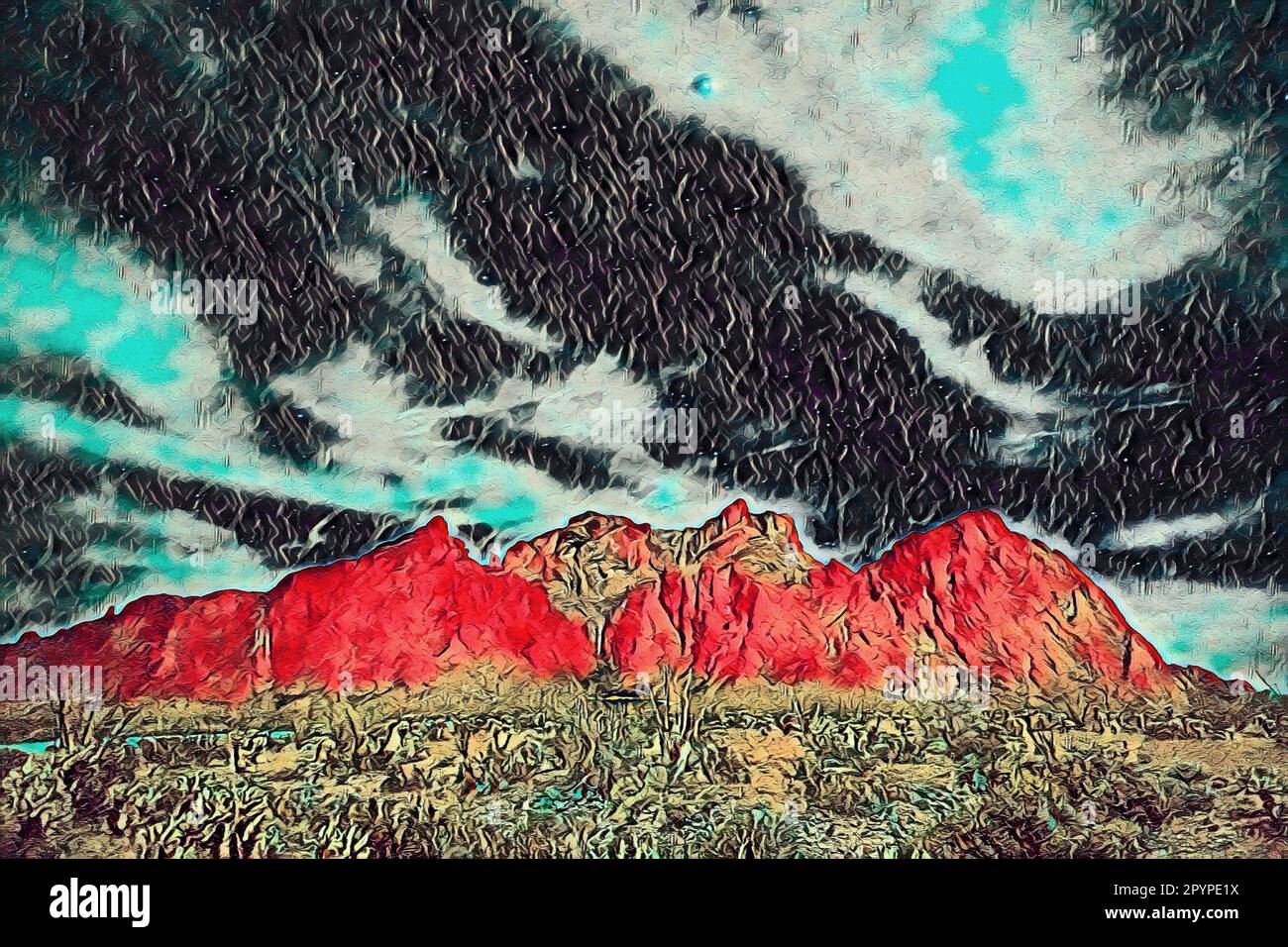 Illustration of a mountainous redrock landscape in the American