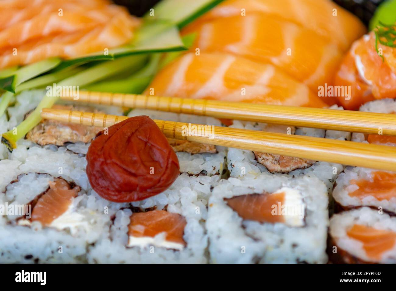 Traditional salmon sushi, typical Japanese food Stock Photo - Alamy
