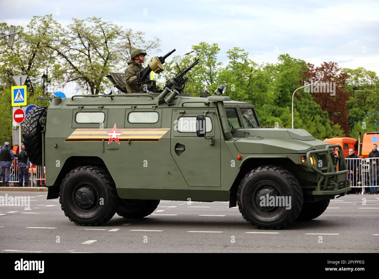 Moscow, Russia - May 2023: Armored carrier with soldiers of russian military forces on city street during rehearsal of military parade Stock Photo
