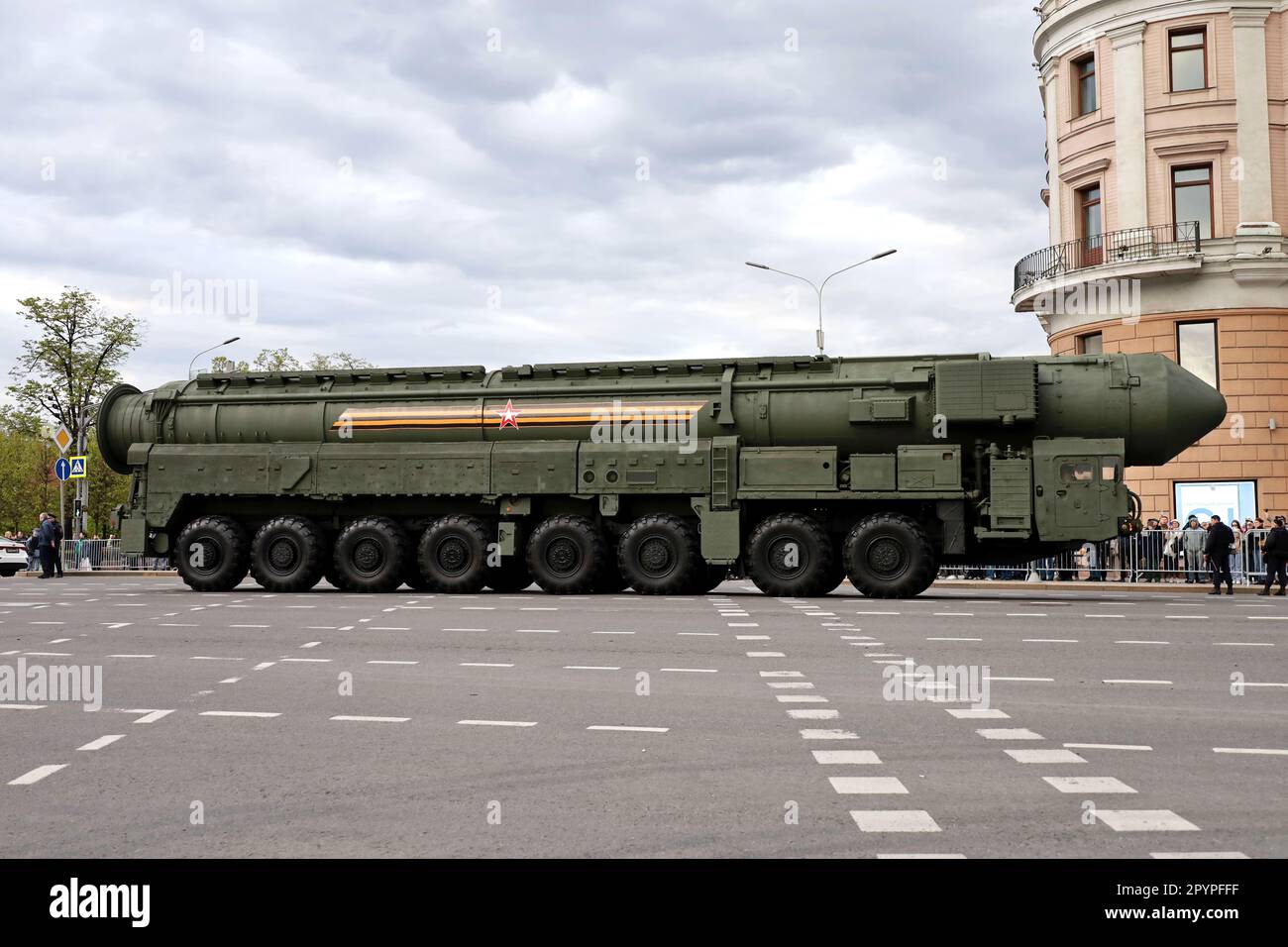 Moscow, Russia - May 2023: Nuclear weapon, russian strategic missile system 'Yars' on city street before the Victory Day parade Stock Photo