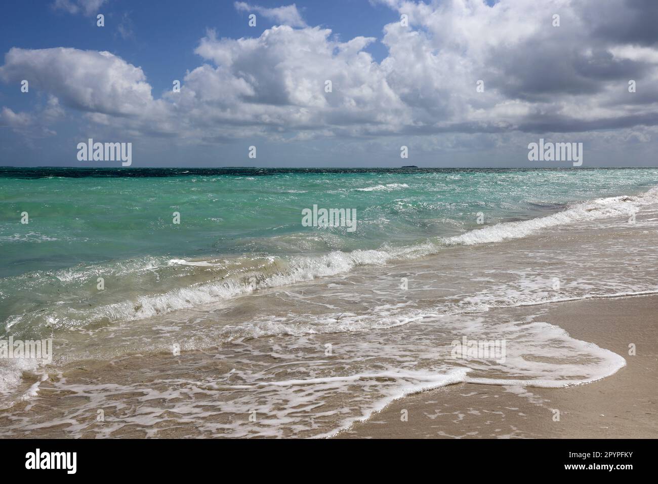 Waves breaking on a sand, view to ocean beach and sky with white clouds. Sea storm, background for summer holidays Stock Photo