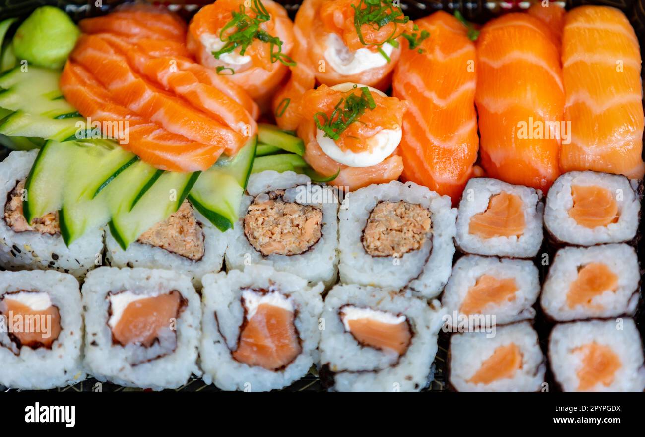 Traditional salmon sushi, typical Japanese food Stock Photo - Alamy