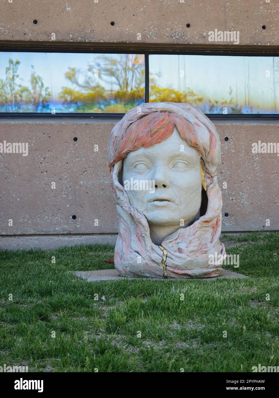 Kansas City, Missouri - April 29, 2023: Large Sculpture of a Woman's Head at KC Art Institute Stock Photo