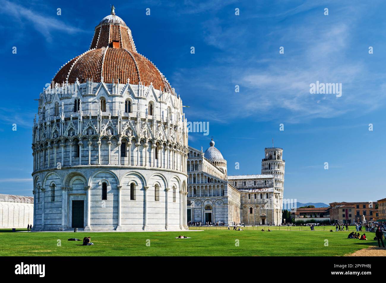 Pisa Tuscany Italy. Piazza dei Miracoli (Square of Miracles). Baptistery, Cathedral and Leaning Tower Stock Photo