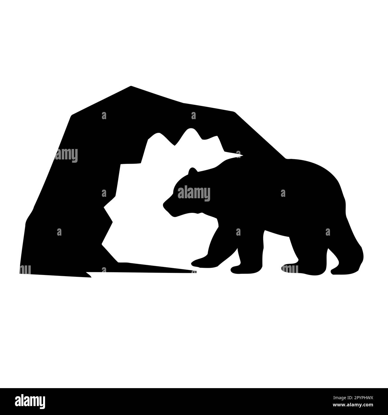animal mammal brown bear entering a cave black and white silhouette minimalistic vector illustration Stock Vector