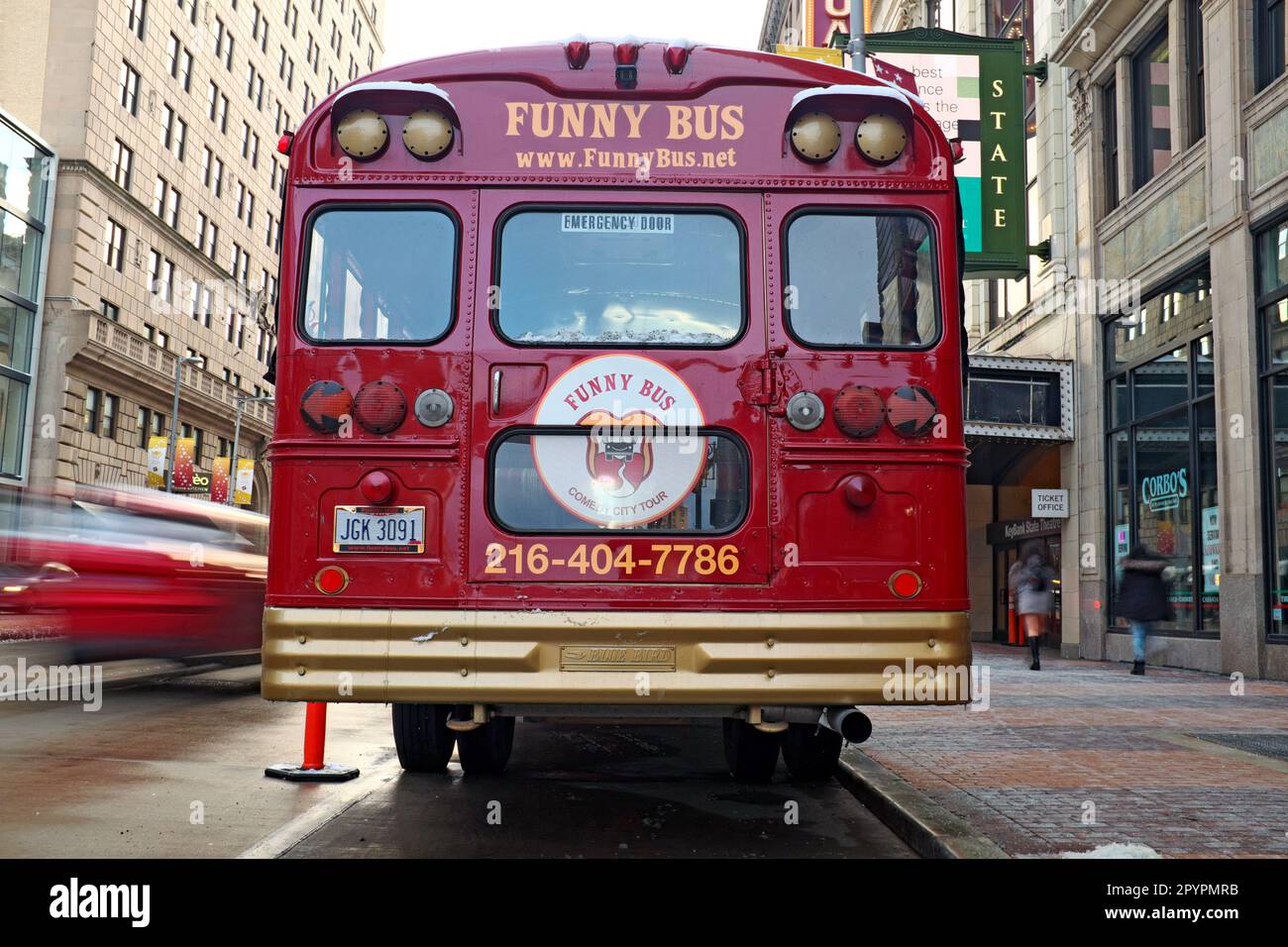 Cleveland Funny Bus parked in Playhouse Square in downtown Cleveland, Ohio, USA. Stock Photo