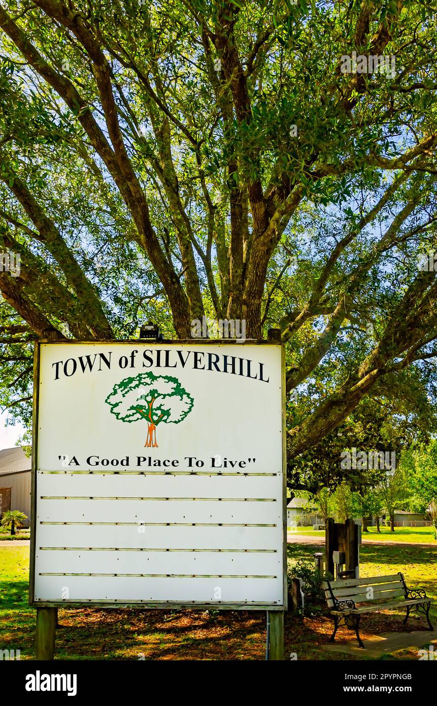 A sign visitors to Silverhill, April 30, 2023, in Silverhill