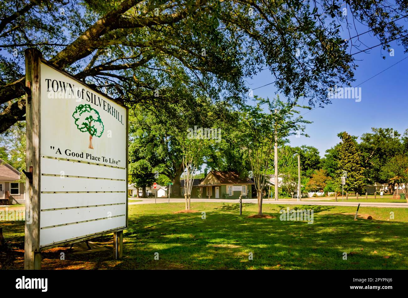 A sign visitors to Silverhill, April 30, 2023, in Silverhill