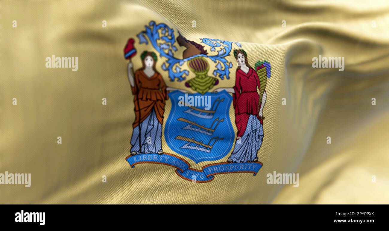 Closeup of the New Jersey state flag. Coat of arms on buff background