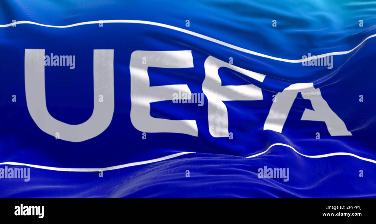Nyon CH April 2023 Close up Of UEFA Flag Waving In The Wind UEFA Is nyon-ch-april-2023-close-up-of-uefa-flag-waving-in-the-wind-uefa-is