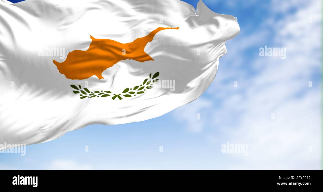 Cyprus national flag waving in the wind on a clear day. White with a copper-orange island silhouette and two green olive branches below it. 3d illustr Stock Photo