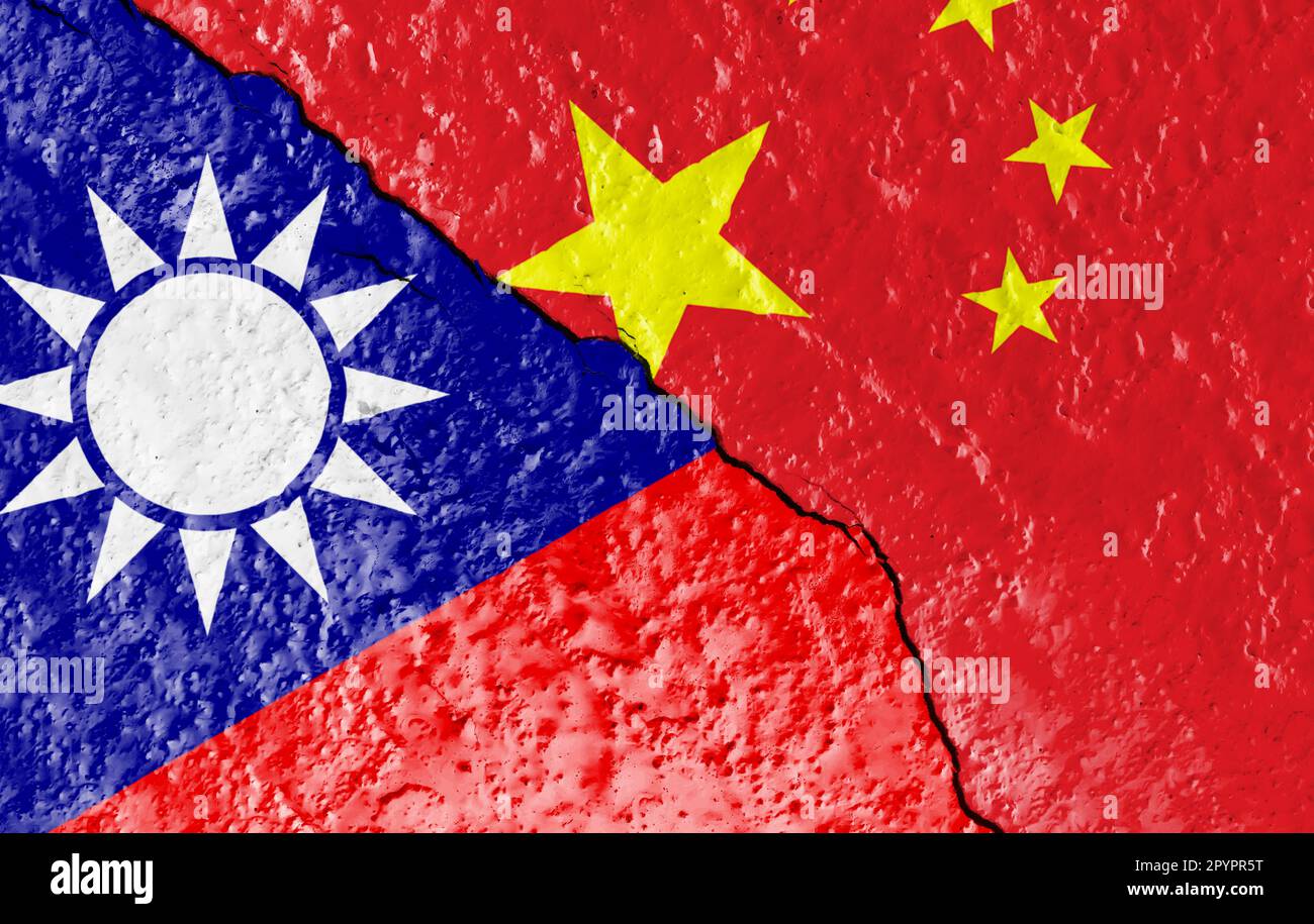 Flags of Taiwan and China separated by a crack in a wall. China and