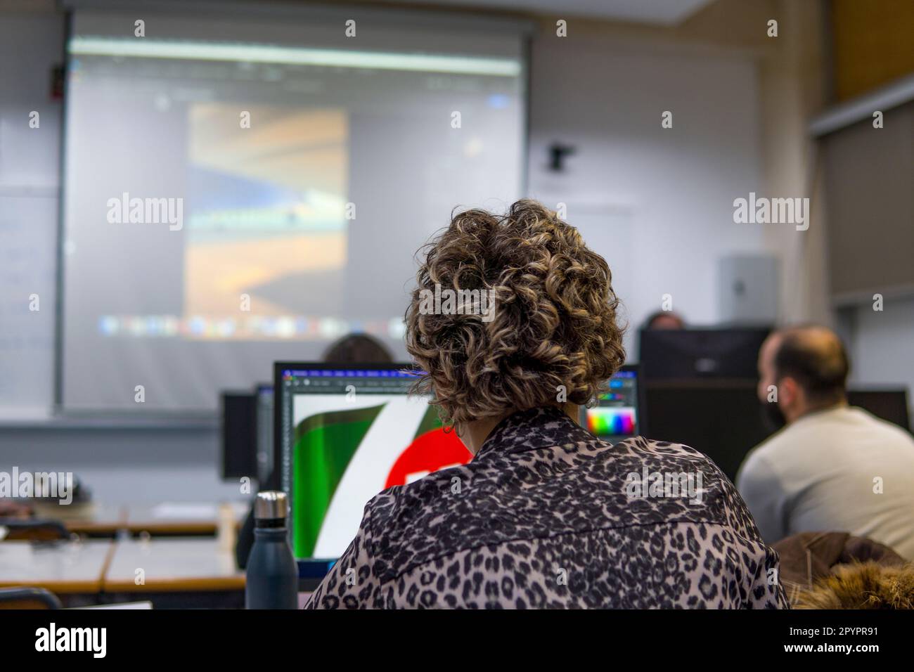 Picture of Young Master Students in University Class Working with Computers Seen from Behind with Projector Image Projected on Whiteboard Stock Photo