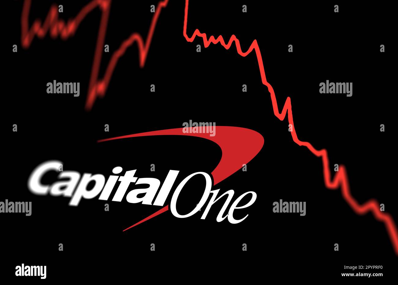 New York, US, April 2023: Capital One bank logo on a stock market performance chart trends. Capital One Q1 2023 profit missed estimates due to provisi Stock Photo