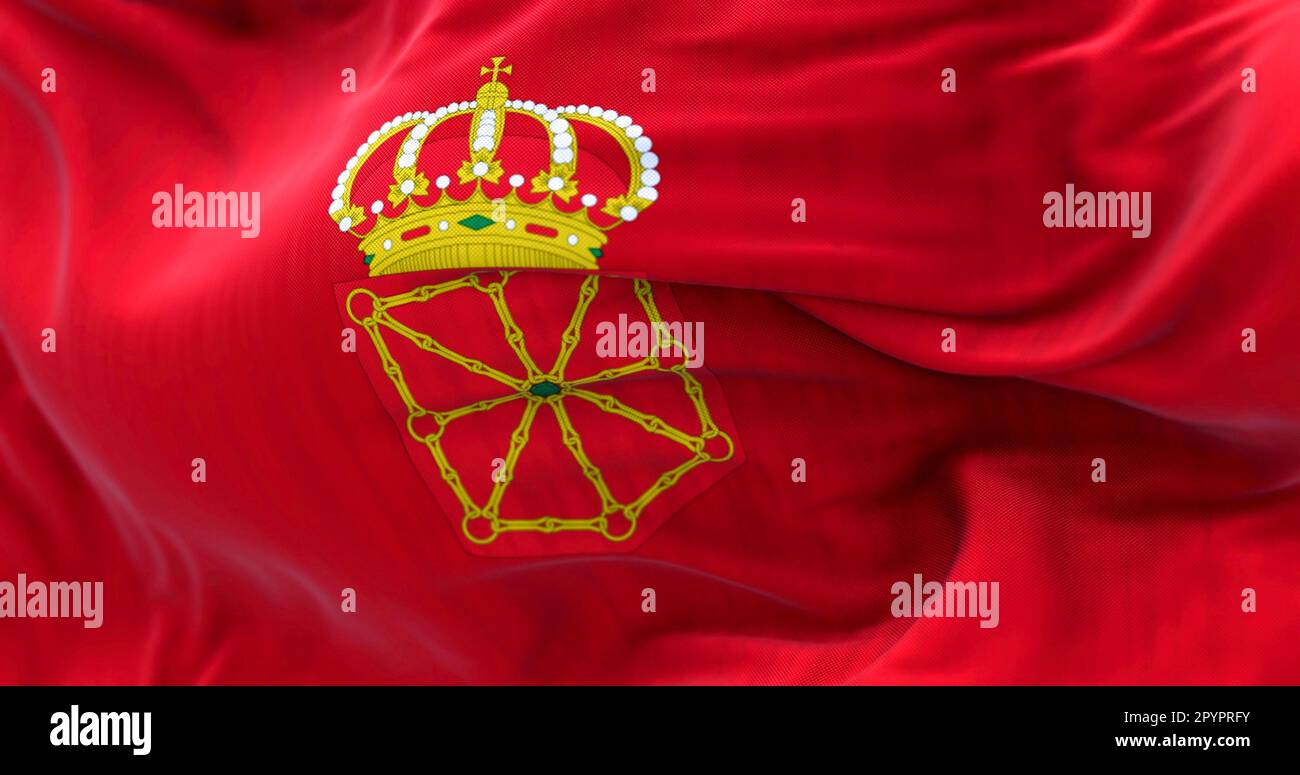 Detail of the Navarre flag waving. Autonomous city of Spain. Golden chains arranged against a